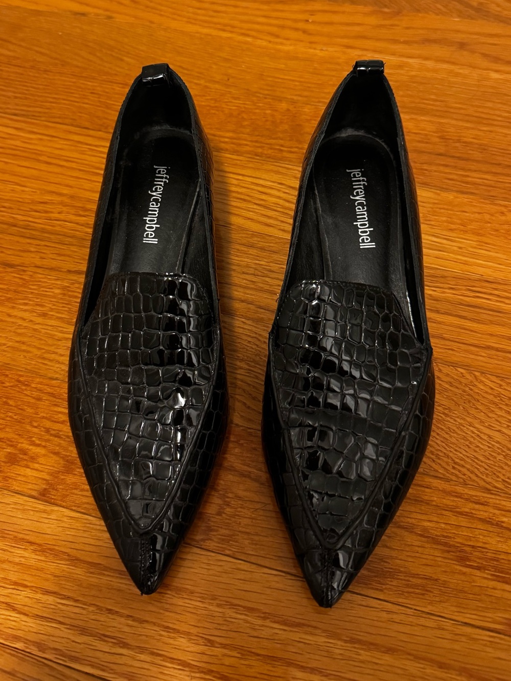 Jeffrey Campbell Black Croc-Embossed Pointed Toe Flats